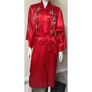 Vtg Chinese Silk Kimono Robe Red Hand Embroidered Floral One Size Plum Blossoms
